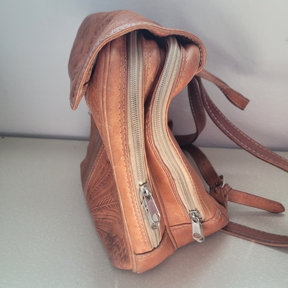 Hand Tooled Leather Mini Backpack Embossed Western Bag - Picture 3 of 7